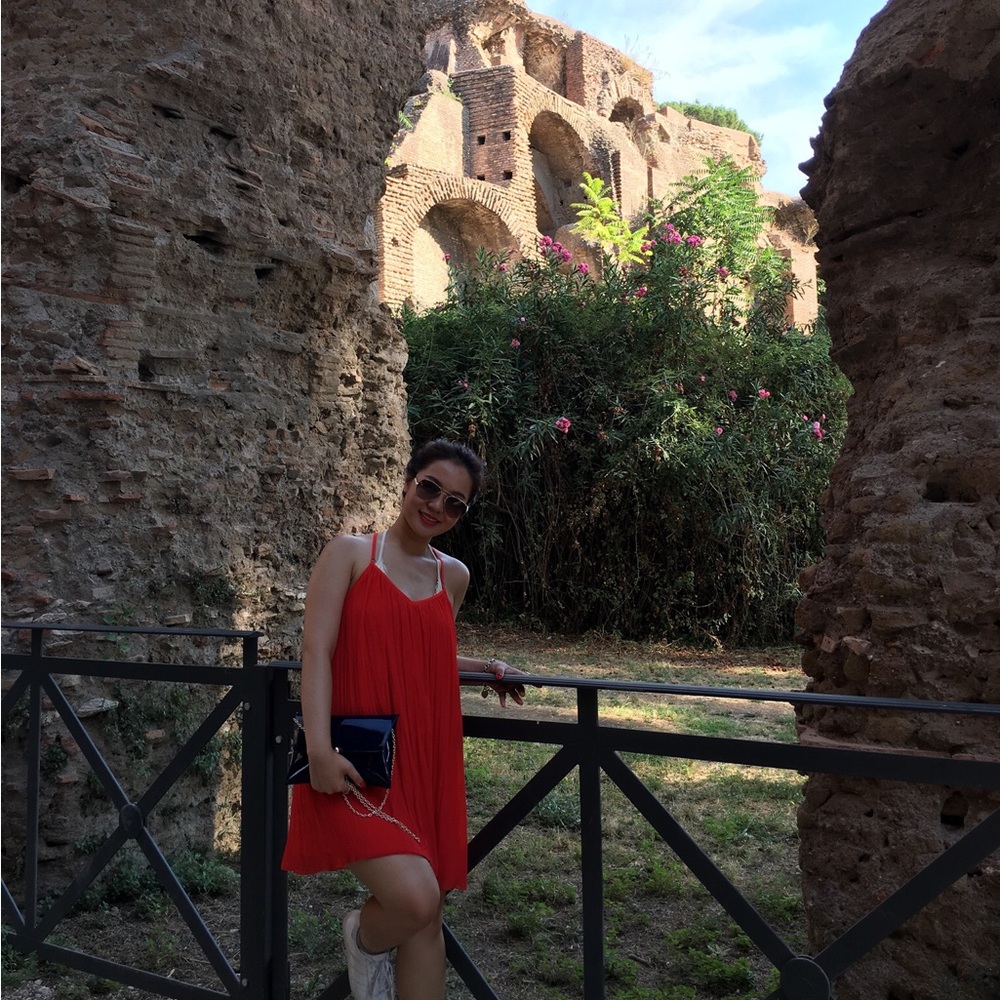 Red pleated shift dress size S